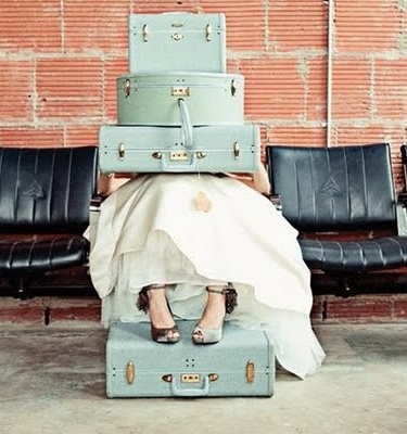 marriage, white dress and luggage