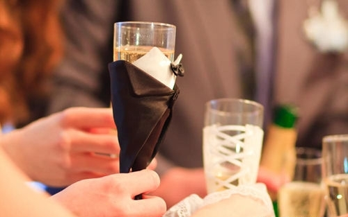 champagne, bride and groom
