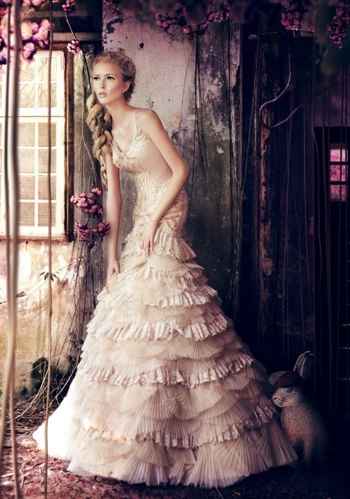 girl, braid, rabbit and wedding dress