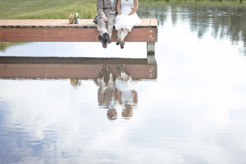 wedding dress, flowers and lake