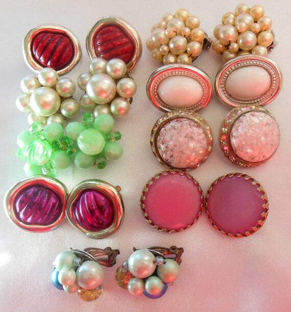 green earrings, button earrings, pearl earrings and pink earrings