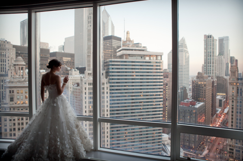 bride, view and city