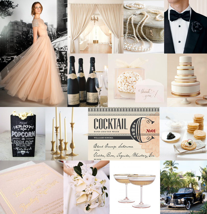 pearl white, blush pink, oscar gold and tuxedo black