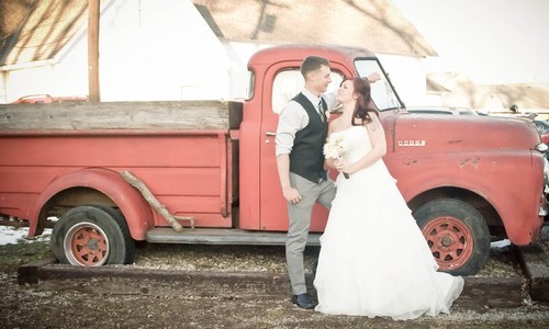 wedding inspiration, couple and red truck