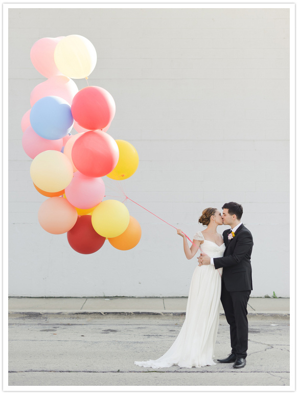 bride, groom and baloons