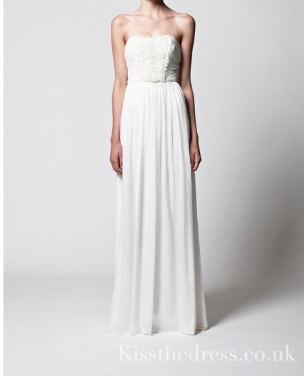 white, floor-length and strapless