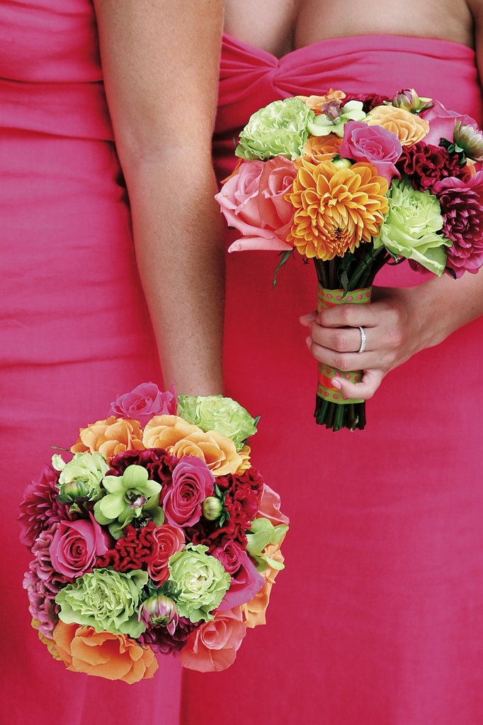 bouquet, bridesmaids, fuchsia and love