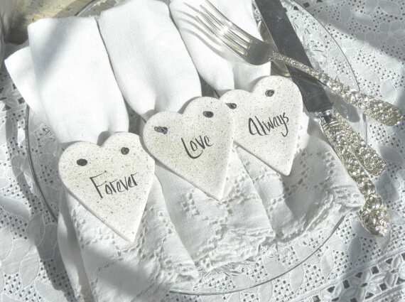 wedding napkin rings, bridal shower favors and salt dough hearts