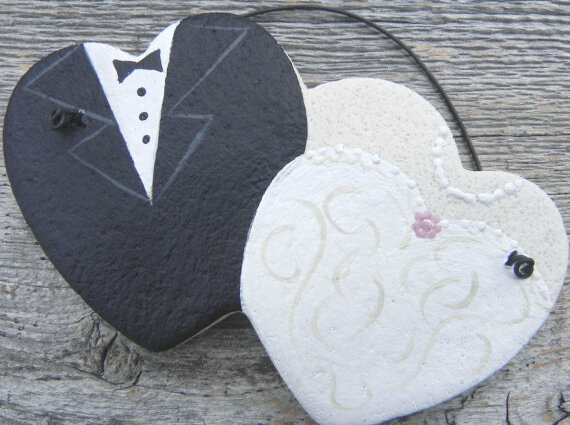 salt dough wedding favor, bride and groom and double heart ornament