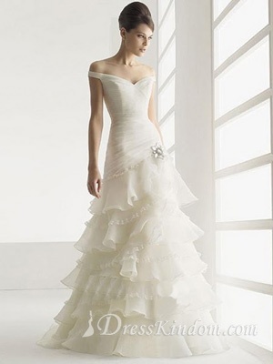 white, off-the-shoulder and wedding dress