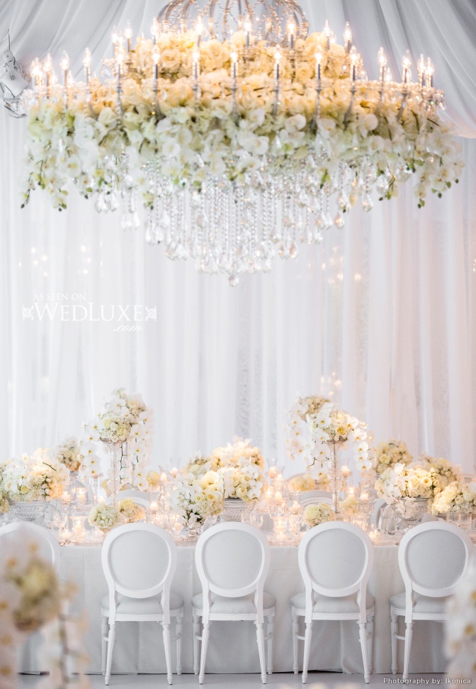 white, flower chandelier, luxe wedding and orchids