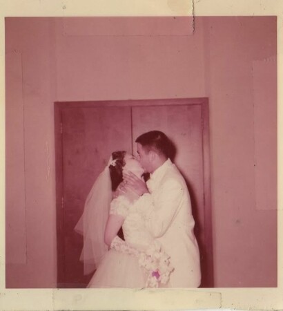 bride, groom and pink