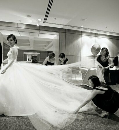 bridesmaids, bride and trail