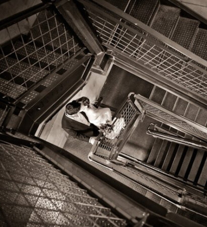 staircase, kiss and couple