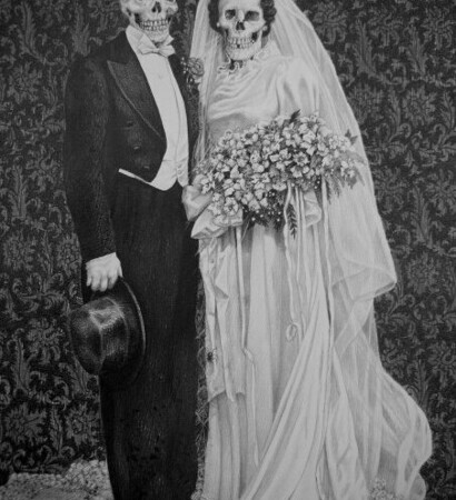 couple, happy and skull