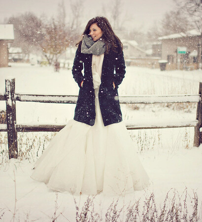 snow, bride and gown