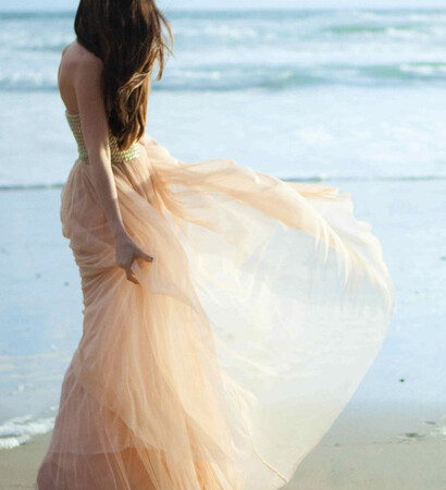 wedding dress, beach and ocean