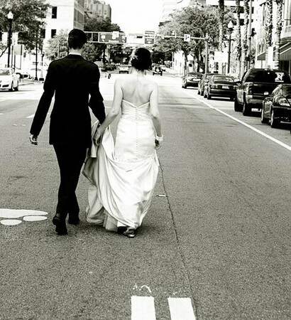 black and white, bride and just married