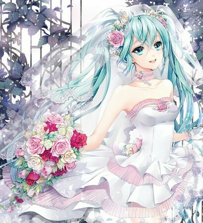 twin tails, roses and blue eyes