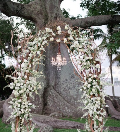 arch, chandelier and decor