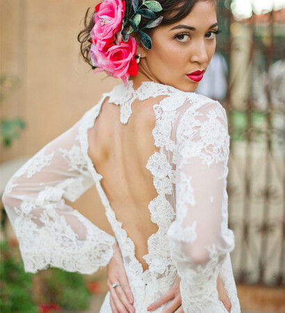 open back wedding dress, mexican wedding and wedding hair flowers