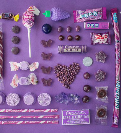 wedding dress, purple candys and photography