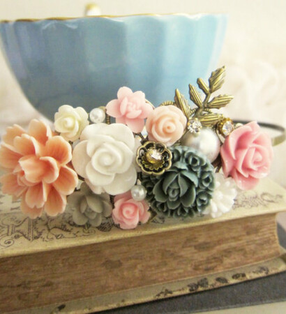 romantic, bridal hairband and peach wedding