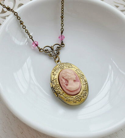 locket necklace, pink bridesmaid necklace and pink white cameo necklace