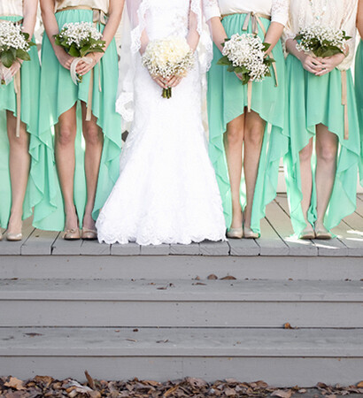 wedding dress, bride and bridesmaids