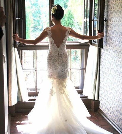 hairstyle, long wedding dress and lace wedding dress
