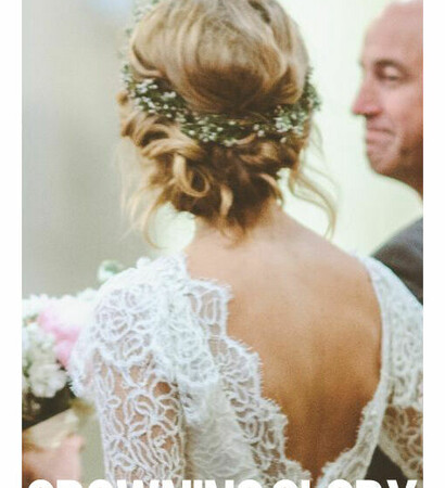 updo, flower crown and bridal hair