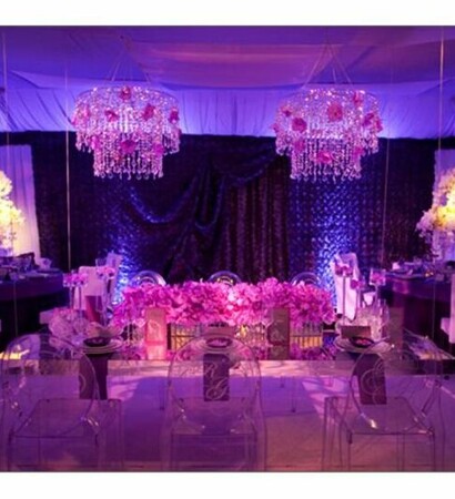 florals, purple lighting and decor