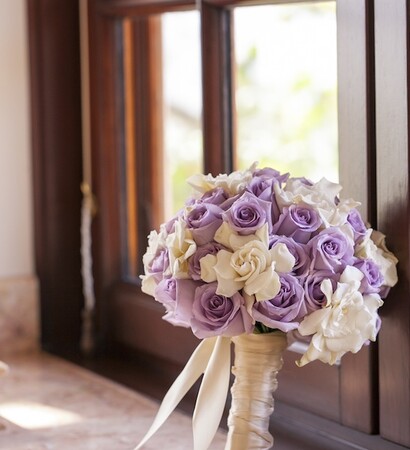 wedding bouquet, white and purple