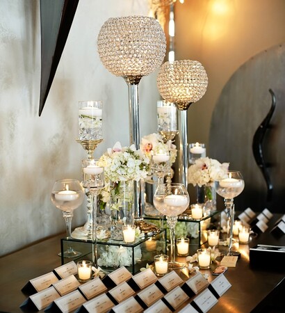 floral, crystal globes and wedding decor
