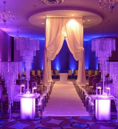 wedding decor, chuppa and crystal chandeliers