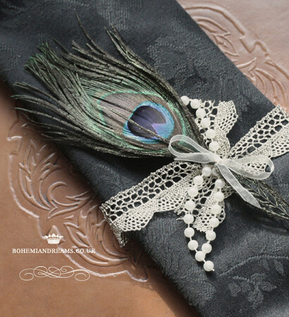 peacock napkin ties, wedding accesories and lace