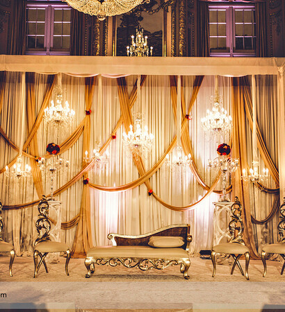 reception stage, wedding decor and unique fabric backdrop
