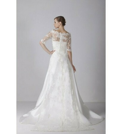 satin, sweep train and off the shoulder