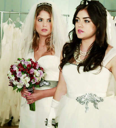 aria montgomery, wedding dress and hanna marin