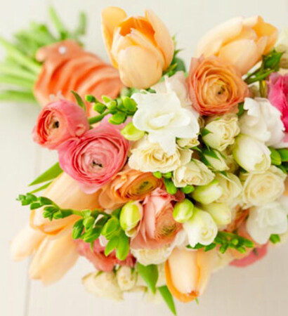 bride, peach and freesia