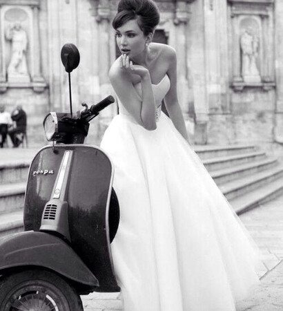 girl, Vespa and black and white