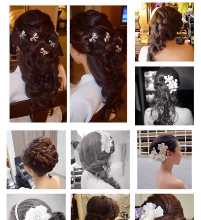 bride hairstyling, happiness and bun