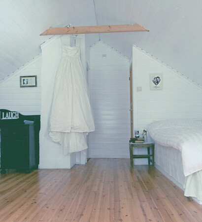 attic, interior and wedding dress