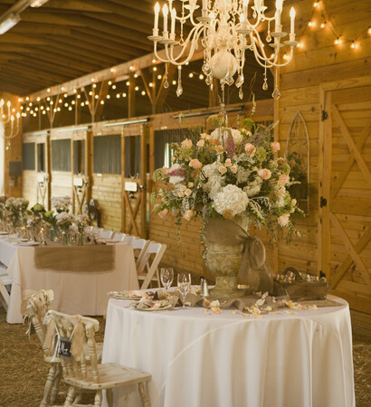 reception, chandelier and barn