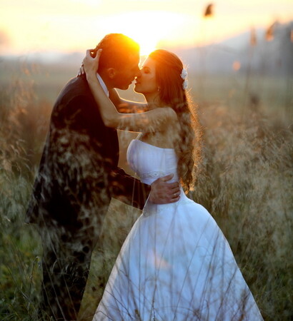romantic, bride and sunset