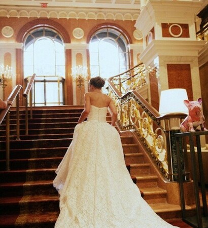 staircase, wedding dress and white