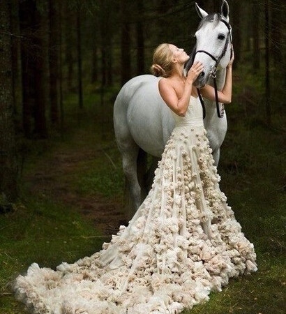 model, wedding dress and horse