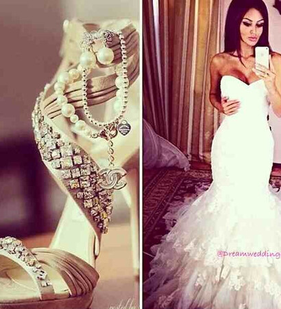 wedding shoes, wedding dress and fish tail