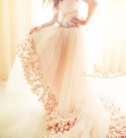 wedding dress, cream and roses