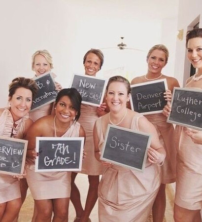 bride, chalkboard and photos